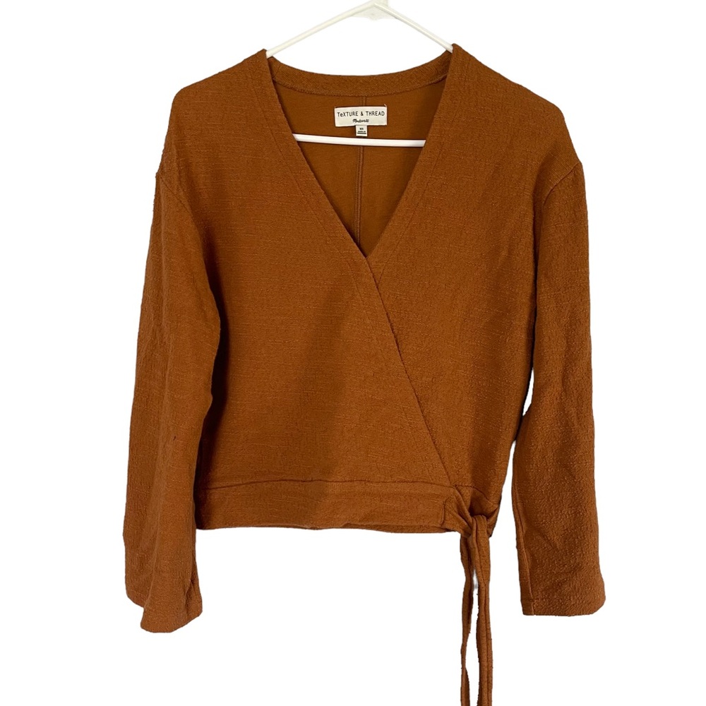 Madewell Texture & Thread Tie Front Knit Crop Top Long Sleeve V Neck Rust sz XS